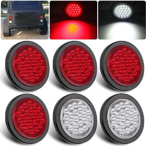 6Pcs 4 Inch Round LED Trailer Tail Lights Kit - 4 Round Led Stop Turn Brake Tail Backup Reverse Lights 24 LED Include Lights Grommets 3 Prong Wire Pigtails Plug for Truck Trailer RV( 4 Red + 2 White)