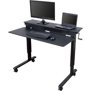 Stand Up Desk Store Crank Adjustable Two Tier Standing Desk with Heavy Duty Steel Frame (Black Frame/Teak Top, 48" Wide)