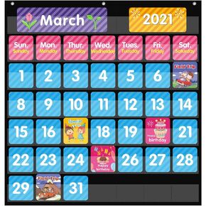 REGELETO Large 44 Pockets Calendar Pocket Chart for Classroom with 85 Cards, Size:25" X 24" Monthly Calendar and Weather Black Pocket Chart for Kids Learning for Home or Kindergarten (44 Pockets)