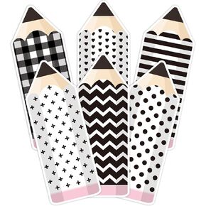 Whaline Back to School Pencils Cutouts 48Pcs Pencil Shape Name Tags 6 Design Black White Pencils Paper Cutting with Glue Point for First Day of School Kindergarten Bulletin Border Decor Kids DIY Craft