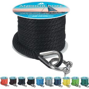 Anchor Rope 50 ft x 3/8 inch, Premium Solid Braid MFP Anchor Line, Boat Anchor Rope with 316 Stainless Steel Thimble & Shackle, Marine Anchor Rope for Many Anchors & Boats, Green and Black