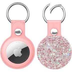 QearFun Bling Diamond Apple Airtag Case, Sparkly Leather Airtag Keychain Holder with Shiny Rhinestone, Glitter Girly Fancy Apple Air Tag Holder Gifts for Kids Girls Women(Black)