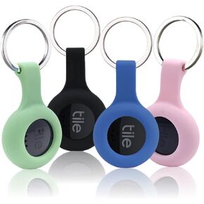 4 Packs Silicone Case for Tile Sticker 2022 with Keychain, Finder Accessory, Protective Cover Sleeve for Tile Tracker Tag, Pet Dog Cat Collar Dropper, Secure Holder (Black,Green,Pink,Blue)