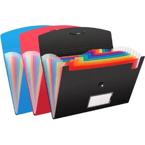 Uquelic 13 Pockets Expanding File Folder, 3 Pack A4 Document Organiser, Plastic Accordion File Organizer with Tab Stickers for Document Paperwork Tax Bill or Receipt - Assorted Colors (3pack Black)