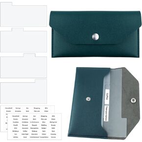 Cash Envelope Wallet Black PU Leather Cash Reusable Budget Envelope with 4 PCS Cash Dividers and 2 Sheets Cash Envelope Tab Stickers for Bill Planner