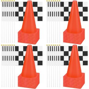 40 Pcs Traffic Cones with Chequered Flags 20 11" Orange Soccer Cones Thick Plastic Sport Training Cones, 20 Black White Flags with Sticks for Indoor Outdoor Activity Car Birthday Party Decor