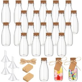 Roshtia 4oz Plastic Mini Potion Bottles with Cork Lids Small Clear Favor Jars Sand Art Bottles Tiny Jars with Twine and Tags for Wedding Birthday Baby Shower Party Candy DIY Crafts Gifts(24 Pcs)