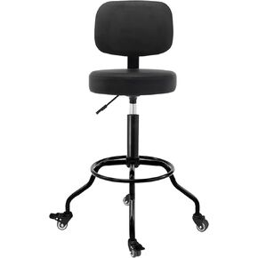 Heavy Duty Shop Stool with Ergonomic Backrest - Lockable Rubber Wheels & Adjustable Height, 360° Swivel, High Footrest for Garage Workshop Workbench, 350lbs Capacity (Black, 26"-31"')