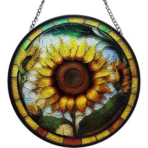 Ice Crack Sunflower Suncatchers for Windows Hanging, Round Sunflower Stained Glass Window Hanging for Living Room Kitchen Office, Sunflower Gifts for Grandma Sunflower Lovers (8"/20cm)