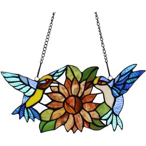 Bieye W10006 Hummingbirds Flower Tiffany Style Stained Glass Window Hangings Panel with Chain, 15" W x 7" H