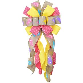 Easter Large Wreath Bows, Spring Easter Colorful Bunny Rabbit Bows for Wreath Bow Decoration Beige Burlap Dots Wreath Ribbon Bows for Front Door Tree Bows for Home Door Wall Decor Spring Easter Party