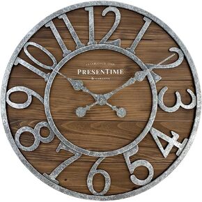 Presentime & Co Vintage Farmhouse Series, Galvanized Rustic Barnwood Clock, 19.5 inch, Galvanized Finish Arabic Numerals with Weathered Natural Barnwood, Farmhouse Décor/Wall Décor