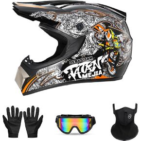 Motorcross Helmet, Off-Road Mountain Bike Helmet, Youth Motorcycle Helmet, Unisex Full-face Helmet, Comfortable and Lightweight, DOT Certified 4 Piece Set