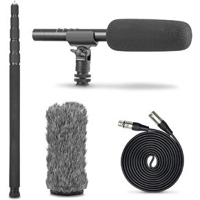 Movo Boom Mic Bundle - Shotgun Microphone with XLR Cables - Carbon Fiber Boom Pole with Built-In XLR Microphone Cable and 9.8' Telescoping Extension - 62" XLR Shotgun Mic Cable and Pro Video Equipment