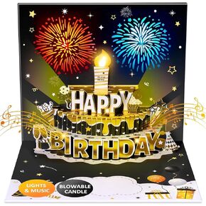 DIY Age Birthday Cards Fireworks Pop Up Cake Light and Music Black and Gold Happy Birthday Card Gift for Husband, Men, Women, Mom, Grandma