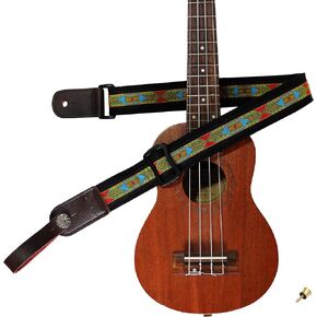 MUSIC FIRST Original Design Vintage Mysterious Aztec Soft Meshbelt & Genuine Leather Ukulele Strap Ukulele Shoulder Strap With a Genuine Leather Strap Locker