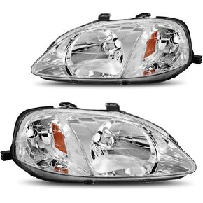 DWVO Headlight Assembly Compatible with 99 00 1999 2000 Civic Headlamps (Chrome Housing Clear Lens Amber Reflector)