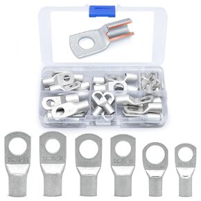 Wirefy 30 PCS Tinned Copper Wire Lugs Kit - Battery Lugs - Crimp Battery Cable Ends - Ring Terminals - 6-2 Gauge
