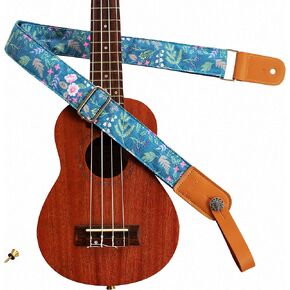 MUSIC FIRST Original Design Vintage “Dawn Fog Garden" Soft Muslin & Genuine Leather Ukulele Strap Ukulele Shoulder Strap With a Genuine Leather Strap Locker
