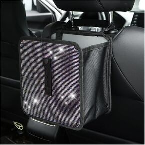 BELOMI Car Foldable Trash Can, Bling Rhinestone Crystal Auto Hanging Waterproof Leakproof Garbage Bin, Vehicle Waste Basket Dustbin, Multipurpose Car Organizer Accessories for SUV Truck (AB Color)