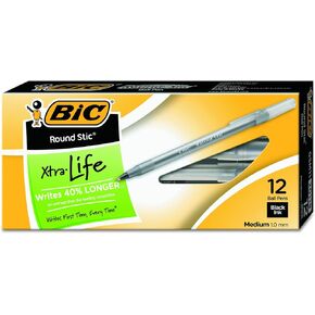 BIC Round Stic Xtra Life Ballpoint Pen, Medium Point (1.0mm), Black, 12-Count