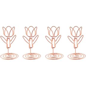 4PCS Tulip Shape Photos Card Stand Business Card Card Holders Table Number Place Card Holders Wedding Party Mini Photo Playing Cards Holder Picture Menu Memo Clips, Rose Gold