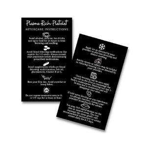 PRP Platelet Rich Plasma Aftercare Instructions Card | 50 Pack | 2x3.5" inches Business Card | PRP Supplies | Black with White Icons Design