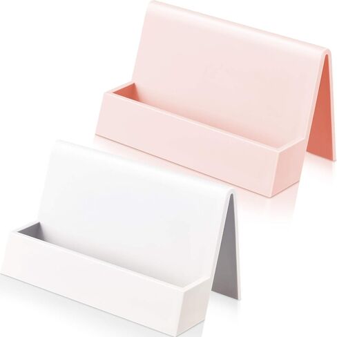2 Pieces Business Card Holder for Desk Modern Plastic Name Card Case Display Stand Tabletop Business Card Rack for Women and Men (White, Pink) in Saudi Arabia