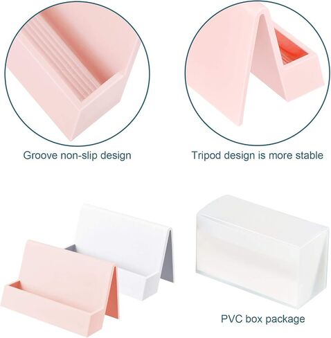 2 Pieces Business Card Holder for Desk Modern Plastic Name Card Case Display Stand Tabletop Business Card Rack for Women and Men (White, Pink) in Saudi Arabia