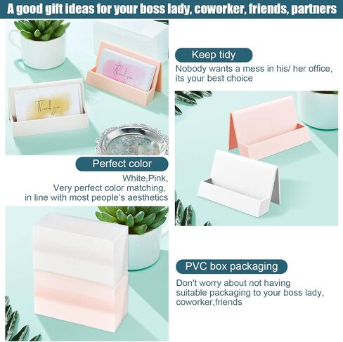 2 Pieces Business Card Holder for Desk Modern Plastic Name Card Case Display Stand Tabletop Business Card Rack for Women and Men (White, Pink) in Saudi Arabia