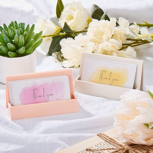2 Pieces Business Card Holder for Desk Modern Plastic Name Card Case Display Stand Tabletop Business Card Rack for Women and Men (White, Pink) in Saudi Arabia