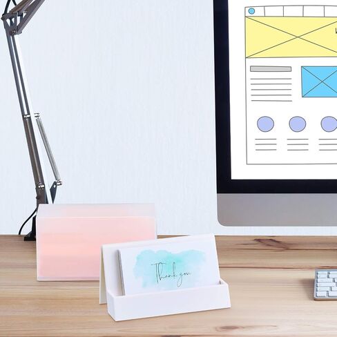 2 Pieces Business Card Holder for Desk Modern Plastic Name Card Case Display Stand Tabletop Business Card Rack for Women and Men (White, Pink) in Saudi Arabia