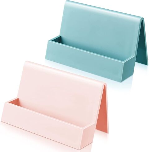 2 Pieces Business Card Holder for Desk Modern Plastic Name Card Case Display Stand Tabletop Business Card Rack for Women and Men (White, Pink) in Kuwait