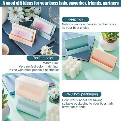2 Pieces Business Card Holder for Desk Modern Plastic Name Card Case Display Stand Tabletop Business Card Rack for Women and Men (White, Pink) in Kuwait