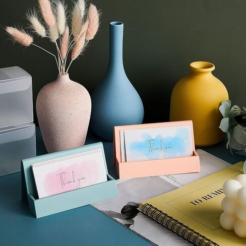 2 Pieces Business Card Holder for Desk Modern Plastic Name Card Case Display Stand Tabletop Business Card Rack for Women and Men (White, Pink) in Kuwait