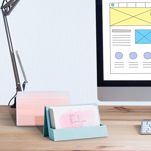 2 Pieces Business Card Holder for Desk Modern Plastic Name Card Case Display Stand Tabletop Business Card Rack for Women and Men (White, Pink) in Kuwait
