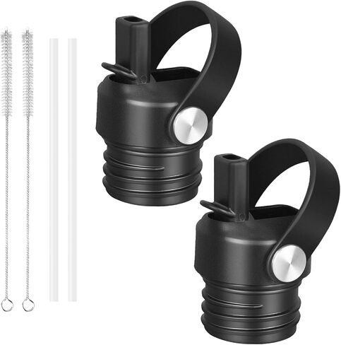 غطاء من القش لقارورة المياه المائية ذات الفم القياسي 18 21 24 أونصة، غطاء رياضي مقاوم للتسرب بمقبض مرن مناسب للقارورة المائية، أغطية علوية من القش (أسود (عبوتان)) in Kuwait