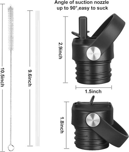 غطاء من القش لقارورة المياه المائية ذات الفم القياسي 18 21 24 أونصة، غطاء رياضي مقاوم للتسرب بمقبض مرن مناسب للقارورة المائية، أغطية علوية من القش (أسود (عبوتان)) in Kuwait