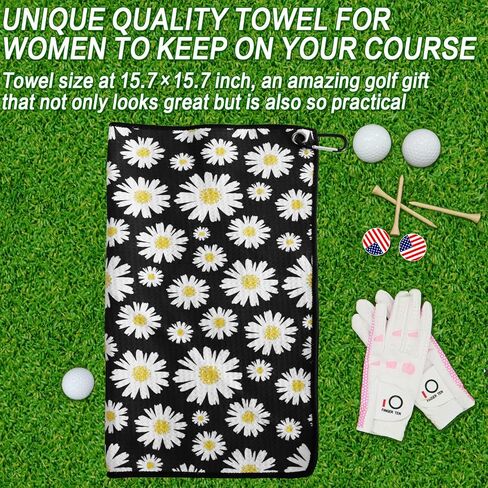 FINGER TEN Golf Towel Microfiber Waffle Towels for Golf Bags for Men Women with Clip and Brush 15.7’’X15.7’’ Set in Gray Black Blue Purple (Daisy&Black&Purple, 15.7''X15.7'') in Saudi Arabia