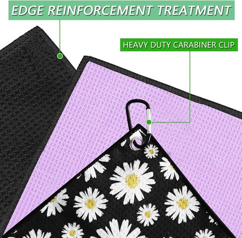 FINGER TEN Golf Towel Microfiber Waffle Towels for Golf Bags for Men Women with Clip and Brush 15.7’’X15.7’’ Set in Gray Black Blue Purple (Daisy&Black&Purple, 15.7''X15.7'') in Saudi Arabia