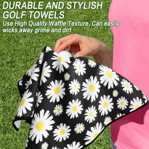 FINGER TEN Golf Towel Microfiber Waffle Towels for Golf Bags for Men Women with Clip and Brush 15.7’’X15.7’’ Set in Gray Black Blue Purple (Daisy&Black&Purple, 15.7''X15.7'') in Saudi Arabia