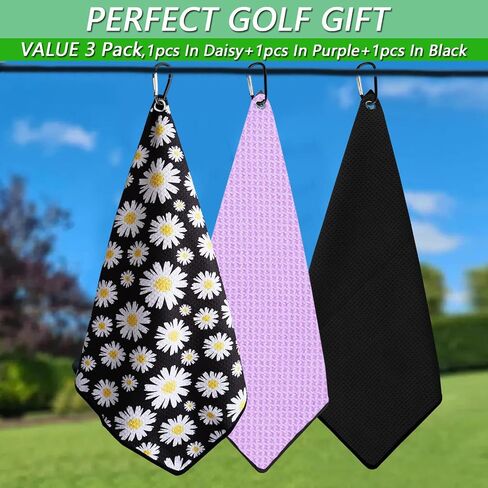 FINGER TEN Golf Towel Microfiber Waffle Towels for Golf Bags for Men Women with Clip and Brush 15.7’’X15.7’’ Set in Gray Black Blue Purple (Daisy&Black&Purple, 15.7''X15.7'') in Saudi Arabia