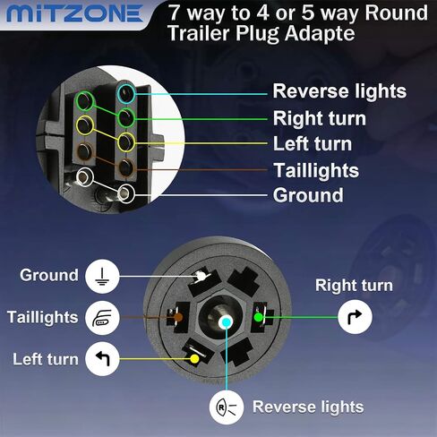 MITZONE 7 طرق/دبوس شفرة مسطحة إلى 4 أو 5 طرق/دبوس موصل محول قابس مقطورة دائري متوافق مع RVs، ATVs، المعسكرات، GM، Chevy والمزيد - 7 دائري إلى 4/5 موصل كهربائي مسطح لنهاية الضوء in Saudi Arabia