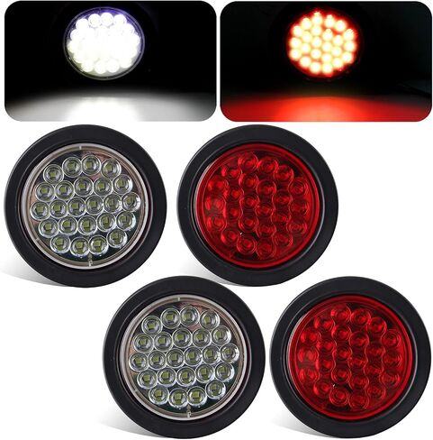 4 قطع 4 بوصة مصابيح LED مستديرة للمقطورة 24 LED 2 أحمر + 2 أبيض مقاومة للماء لإيقاف الفرامل وإيقاف الانعطاف أضواء مقطورة مختومة مثبتة على السقف لشاحنة مقطورة RV قارب UTE 12 فولت جروميت والمكونات متضمنة in Kuwait