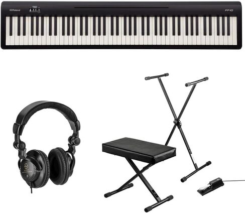 بيانو رقمي من Roland FP-10 مزود بـ 88 مفتاحًا، حزمة مع حامل لوحة المفاتيح ولوحة المفاتيح ومقعد البيانو ودواسة مستدامة وسماعات رأس شاشة استوديو مغلقة من الخلف in Kuwait