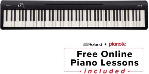 بيانو رقمي من Roland FP-10 مزود بـ 88 مفتاحًا، حزمة مع حامل لوحة المفاتيح ولوحة المفاتيح ومقعد البيانو ودواسة مستدامة وسماعات رأس شاشة استوديو مغلقة من الخلف in Kuwait