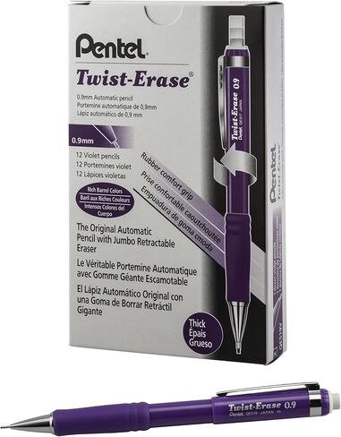 قلم رصاص ميكانيكي Twist-Erase III من Pentel، 12 عبوة، 0.9 مم، أسطوانة بنفسجية (QE519V)، أرجواني in Saudi Arabia