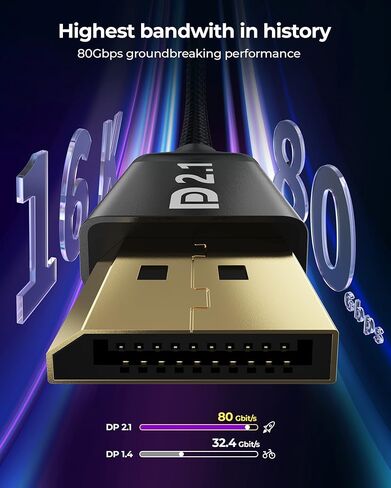 كابل Silkland DisplayPort 2.1 بطول 10 أقدام، كابل DP 2.0 [16K@60 هرتز، 8K@120 هرتز، 4K@240 هرتز، 2K@360 هرتز] 80 جيجابت في الثانية HDR، HDCP DSC 1.2a، شاشة ألعاب FreeSync G-Sync المتوافقة 4090 3090Ti 7900XTX in Kuwait