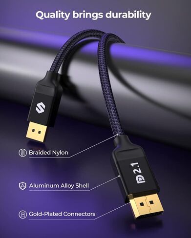 كابل Silkland DisplayPort 2.1 بطول 10 أقدام، كابل DP 2.0 [16K@60 هرتز، 8K@120 هرتز، 4K@240 هرتز، 2K@360 هرتز] 80 جيجابت في الثانية HDR، HDCP DSC 1.2a، شاشة ألعاب FreeSync G-Sync المتوافقة 4090 3090Ti 7900XTX in Kuwait