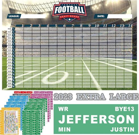 مجموعة Fantasy Football Draft Board 2023-2024 لوحة كبيرة جدًا مع 14 فريقًا 20 جولة 500+ ملصقات للاعبين 2023 أفضل مبتدئ وملصق فارغ in Kuwait